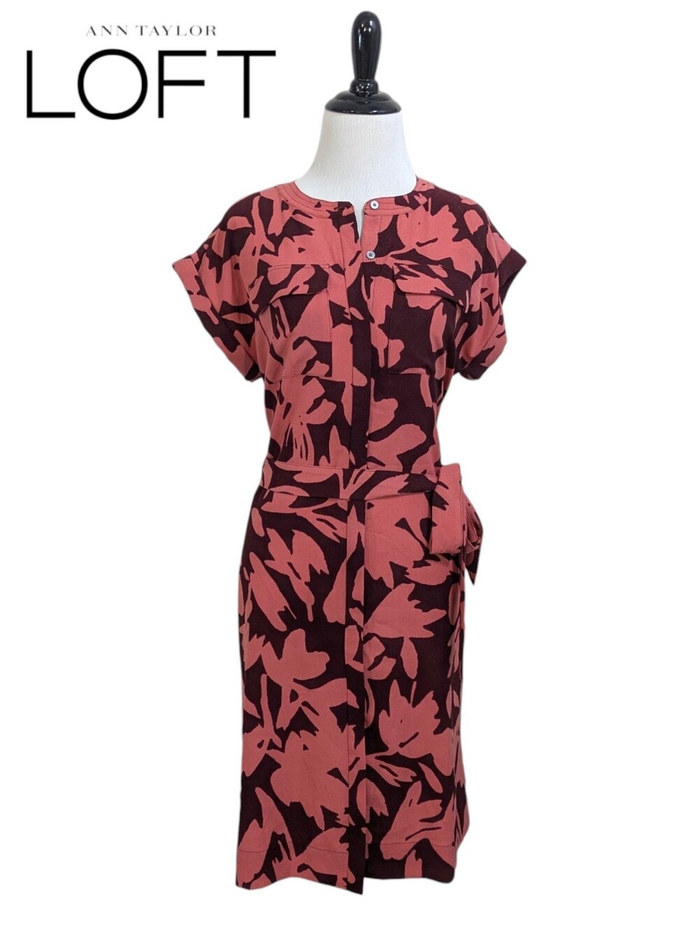 LOFT Pink and Burgundy Brown Dress With Belt - Size Small Womens - Picture 2 of 9